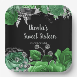 Plato De Papel Elegant Green and Silver Flowers Sweet Sixteen 