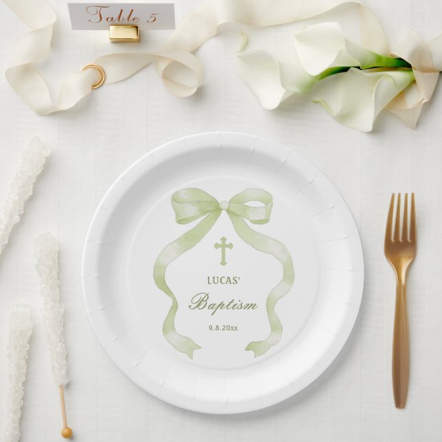 Plato De Papel Elegant Green Bow Baptism (Boda)