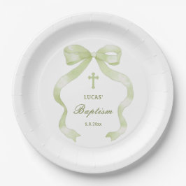 Plato De Papel Elegant Green Bow Baptism