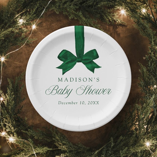Plato De Papel Elegant Green Bow Christmas Baby Shower (Subido por el creador)
