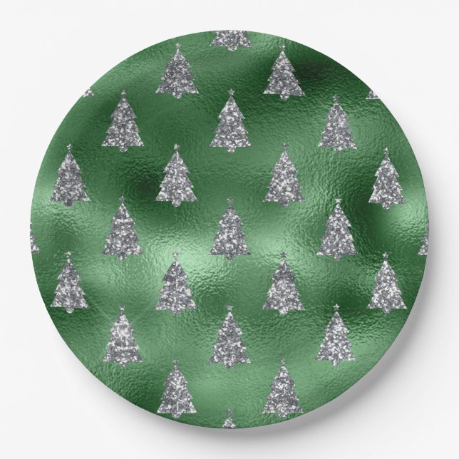 Plato De Papel Elegant Green & Faux Silver Trees Christmas  (Anverso)