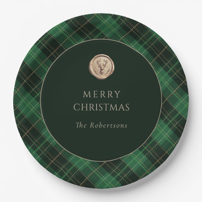 Plato De Papel Elegant Green Plaid Merry Christmas Holiday Party  (Anverso)