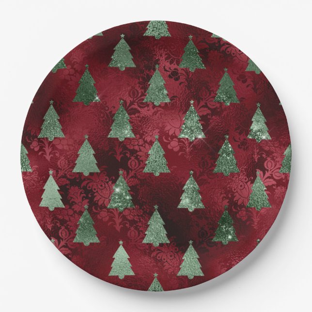 Plato De Papel Elegant Green Trees Red Faux Foil Christmas  (Anverso)