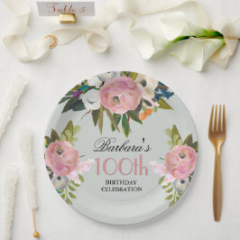 Plato De Papel Elegant Handpainted Floral 100th Birthday Party 