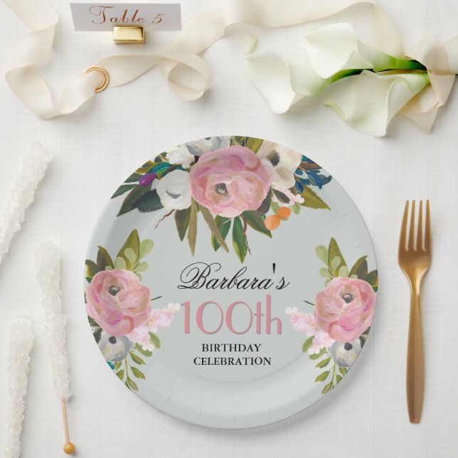 Plato De Papel Elegant Handpainted Floral 100th Birthday Party  (Boda)