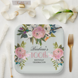 Plato De Papel Elegant Handpainted Floral 100th Birthday Party 
