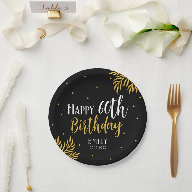 Plato De Papel Elegant Happy 60th Birthday Gold Foliage Party (Boda)