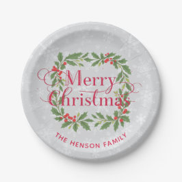 Plato De Papel Elegant Holly Wreath Snowflakes Merry Christmas