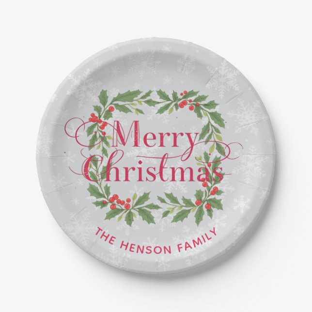 Plato De Papel Elegant Holly Wreath Snowflakes Merry Christmas (Anverso)