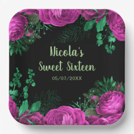 Plato De Papel Elegant Hot Pink Flowers Sweet Sixteen