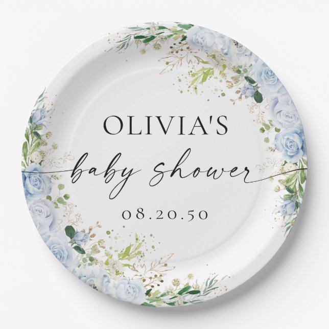 Plato De Papel Elegant Light Blue Baby Shower Paper Plate (Anverso)