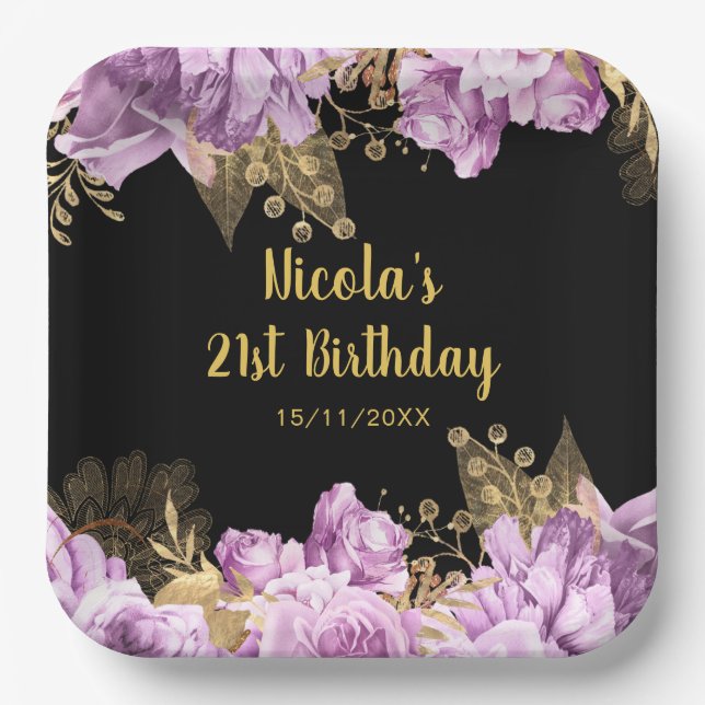 Plato De Papel Elegant Lilac and Gold Flowers Birthday Party (Anverso)