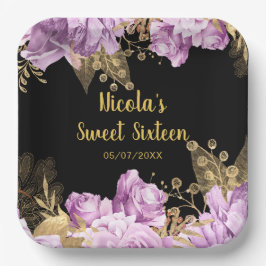 Plato De Papel Elegant Lilac and Gold Flowers Sweet Sixteen