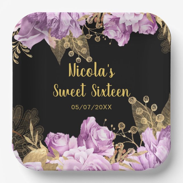 Plato De Papel Elegant Lilac and Gold Flowers Sweet Sixteen (Anverso)