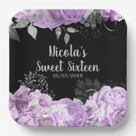 Plato De Papel Elegant Lilac and Silver Flowers Sweet Sixteen