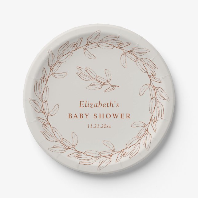 Plato De Papel Elegant Line Art Botanical Baby Shower (Anverso)