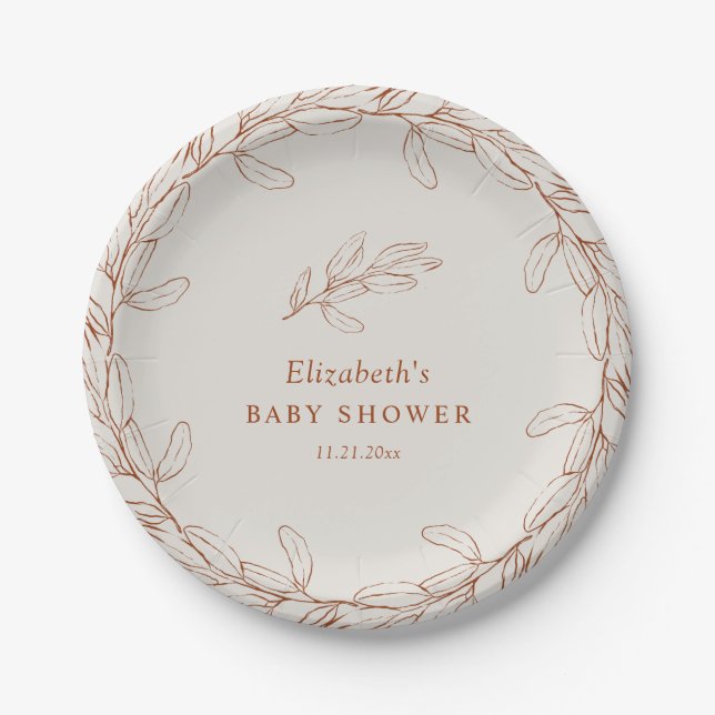Plato De Papel Elegant Line Art Botanical Baby Shower (Anverso)