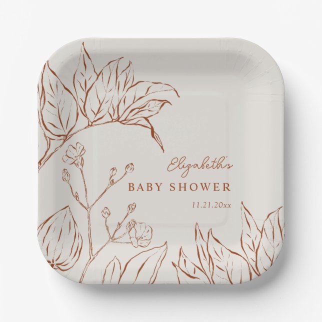 Plato De Papel Elegant Line Art Botanical Baby Shower (Anverso)