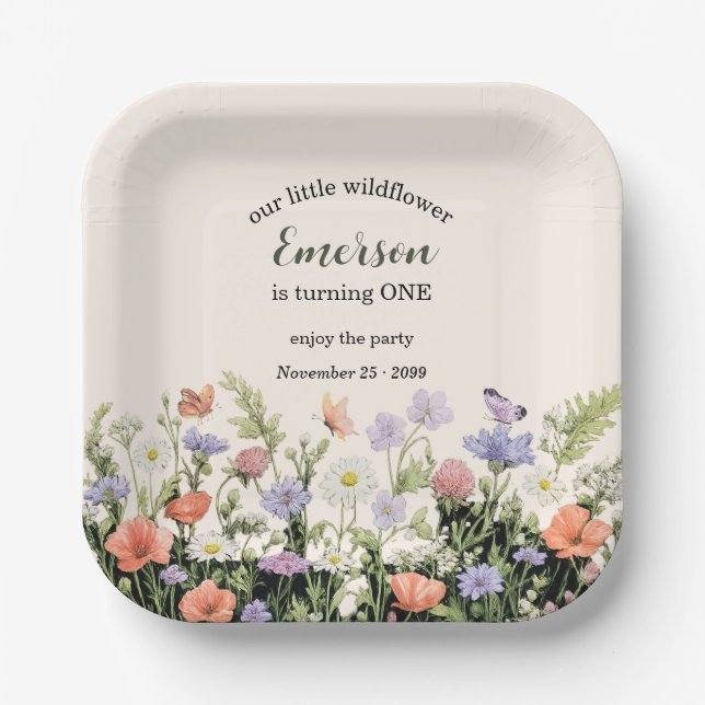 Plato De Papel Elegant Little Wildflower 1st Birthday Party (Anverso)