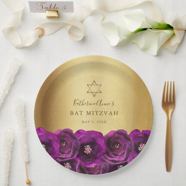 Plato De Papel Elegant Magenta Pink Rose Floral Gold Bat Mitzvah (Boda)
