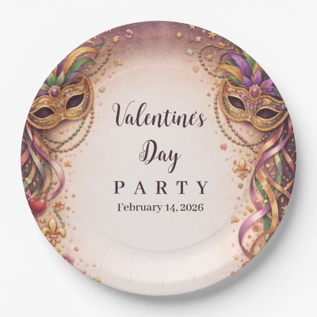 Plato De Papel Elegant Masquerade Hearts Mardi Gras (Anverso)