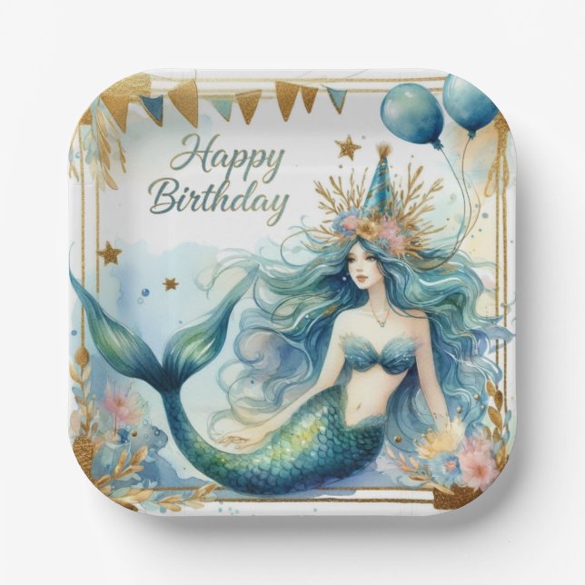 Plato De Papel Elegant Mermaid Birthday Blue Gold Floral (Anverso)