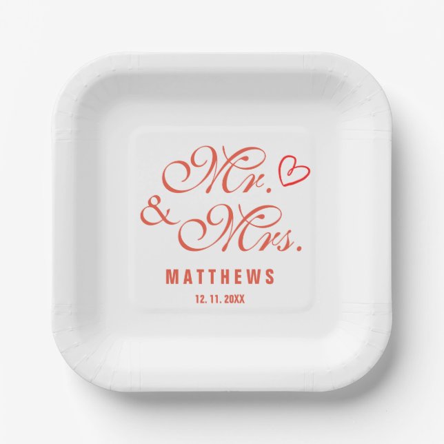 Plato De Papel Elegant Mint rojo Mr. y Mrs. Boda Monogram Napk (Anverso)