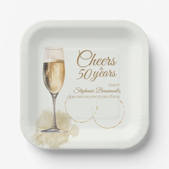 Plato De Papel Elegant Modern Champagne Cheers 50th Birthday (Anverso)