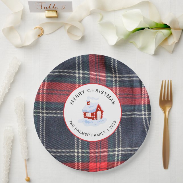 Plato De Papel Elegant Modern Tartan Plaid Christmas Family (Boda)