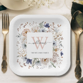 Plato De Papel Elegant Monogram Pretty Beige Blue Flowers Floral