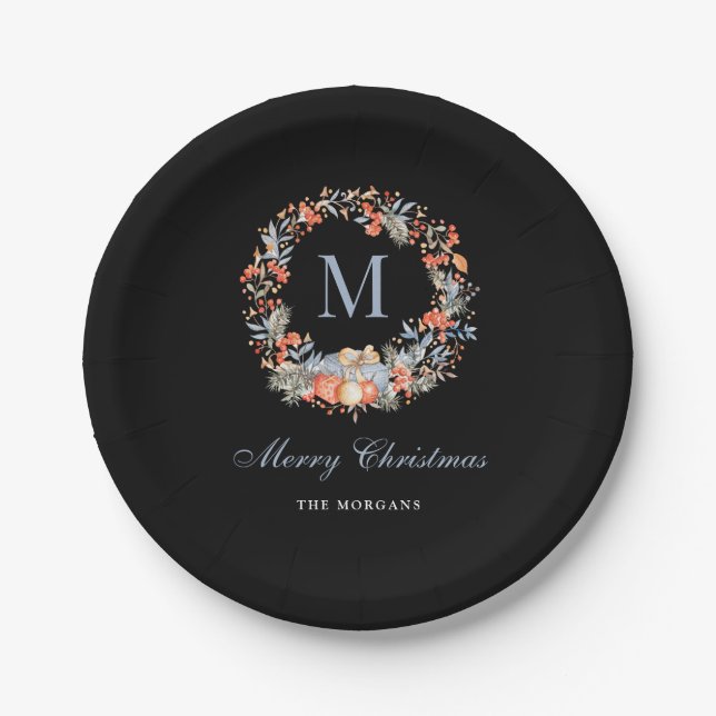 Plato De Papel Elegant Monogram Wreath Chic Black Christmas Party (Anverso)
