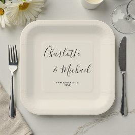 Plato De Papel Elegant Natural White Script Minimalist Wedding