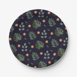 Plato De Papel Elegant Navy Blue Botanical Floral Leaf 