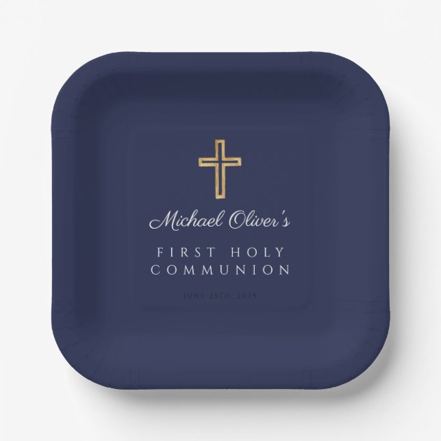Plato De Papel Elegant Navy Blue Boy First Communion (Anverso)