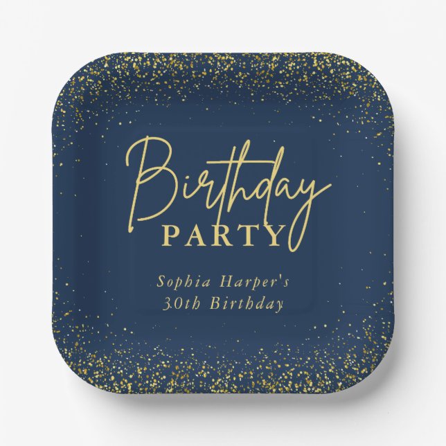 Plato De Papel Elegant Navy Gold Glitter Confetti Birthday Party (Anverso)