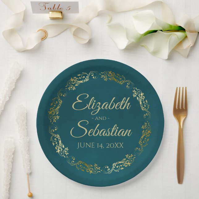 Plato De Papel Elegant Ornate Border Dark Teal & Gold Wedding (Boda)