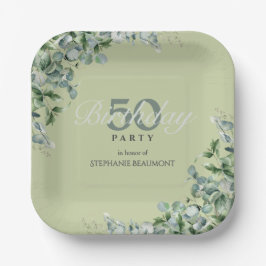 Plato De Papel Elegant Pastel Green Flower Women's 50th Birthday 