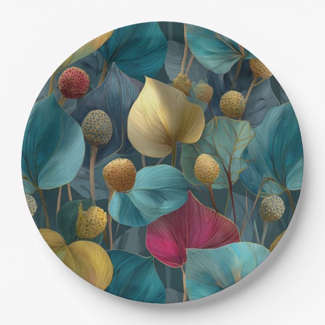 Plato De Papel Elegant Pattern of Stylized Teal and Gold Leaves (Anverso)