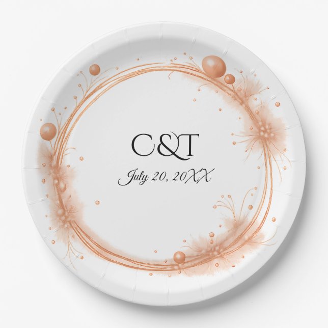Plato De Papel Elegant Peach Sparkle Wedding Script Calligraphy (Anverso)