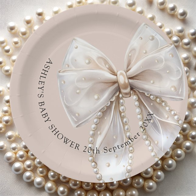 Plato De Papel Elegant Pearl Bow Baby Shower (Subido por el creador)