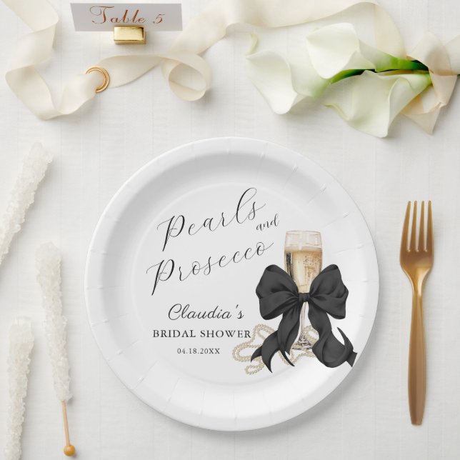 Plato De Papel Elegant Pearls & Prosecco Black Bow Bridal Shower  (Boda)