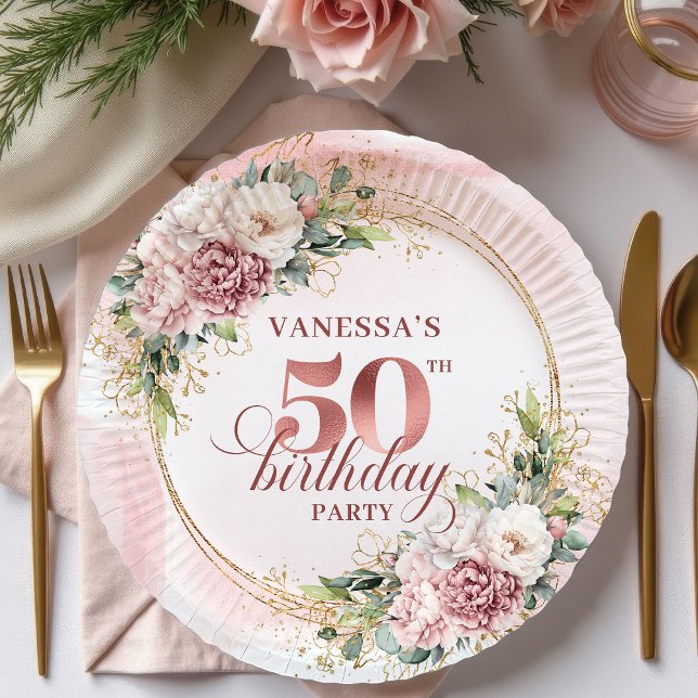 Plato De Papel Elegant Peony Greenery Rose Gold 50th Birthday  (Elegant Peony Greenery Rose Gold 50th Birthday Plates)