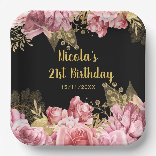 Plato De Papel Elegant Pink and Gold Flowers Birthday Party (Anverso)