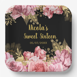 Plato De Papel Elegant Pink and Gold Flowers Sweet Sixteen 