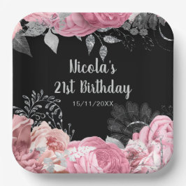 Plato De Papel Elegant Pink and Silver Flowers Birthday Party
