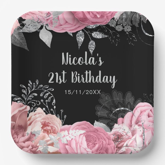 Plato De Papel Elegant Pink and Silver Flowers Birthday Party (Anverso)