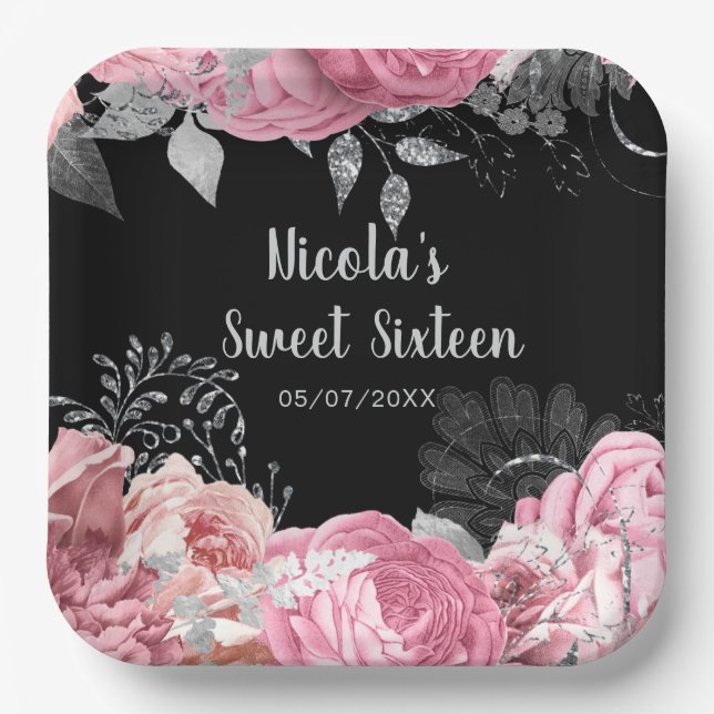 Plato De Papel Elegant Pink and Silver Flowers Sweet Sixteen  (Anverso)