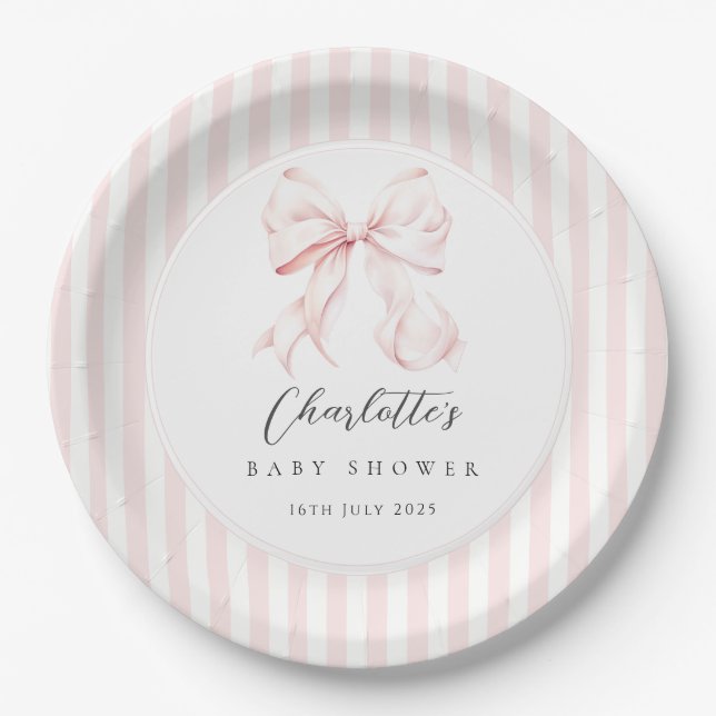 Plato De Papel Elegant Pink Bow Baby Shower (Anverso)