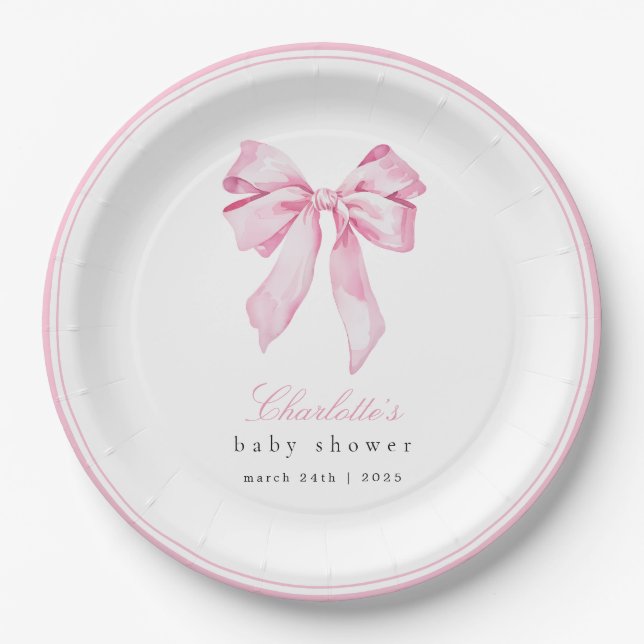 Plato De Papel Elegant Pink Bow Baby Shower  (Anverso)