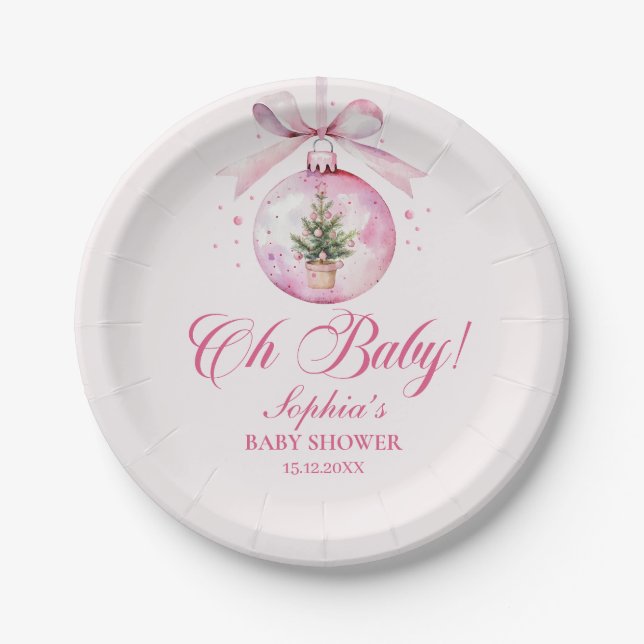 Plato De Papel Elegant Pink Christmas Ornament Baby Shower (Anverso)